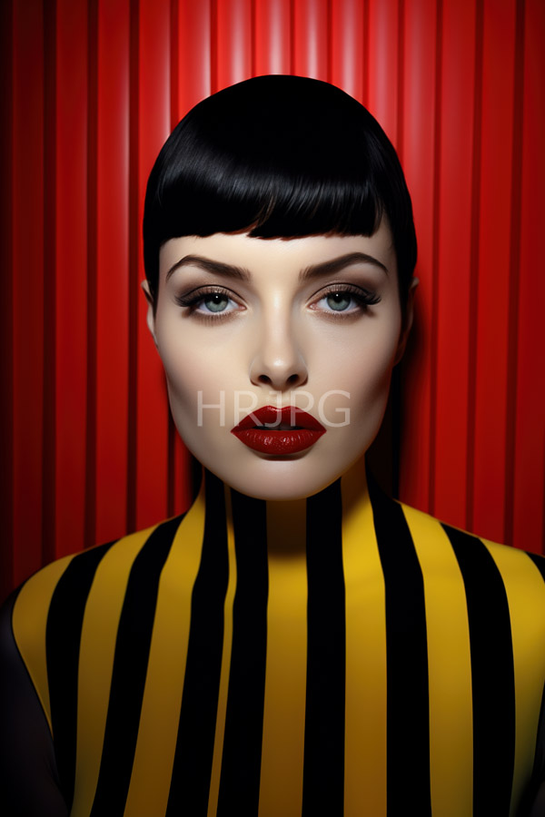 High Resolution: Pale-skinned woman with a striking black bob haircut red lipstick and heavy black eyeliner wears a black and yellow striped top against a ribbed red background download. | HRJPG.com