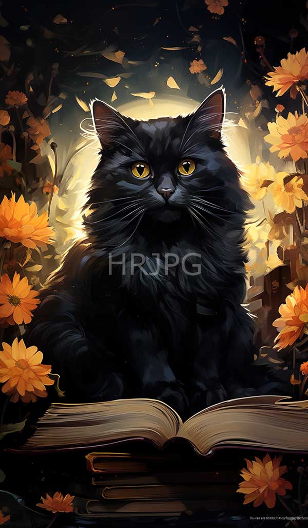 High Resolution: Fluffy black cat with striking yellow eyes sits regally amidst vibrant orange flowers with an open book in front surrounded by scattered petals download. | HRJPG.com