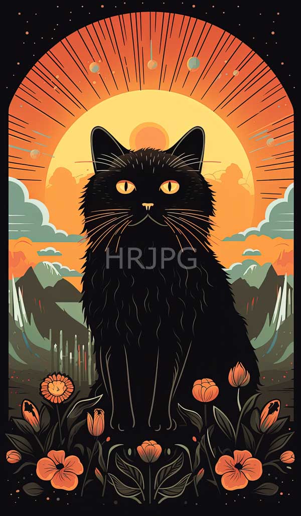 High Resolution: Black fluffy cat with yellow eyes sits in the center of a vibrant stylized landscape surrounded by orange and red flowers beneath a large glowing orange sun download. | HRJPG.com