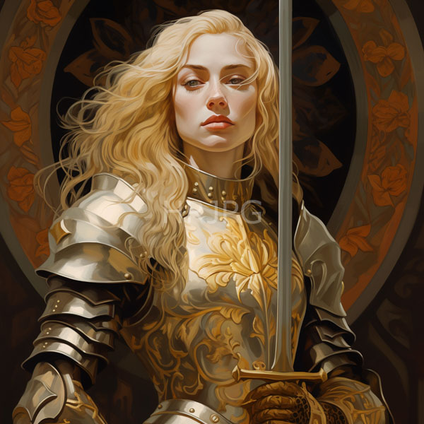 High Resolution: Fair-skinned blonde-haired woman in ornate silver and gold medieval armor holds a sword upright with wavy hair and a serious expression download. | HRJPG.com