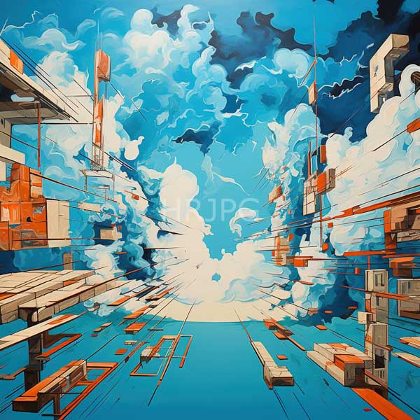 High Resolution: Surreal abstract cityscape features a bright blue sky filled with dynamic swirling clouds with buildings of geometric orange and white facades lining the sides download. | HRJPG.com