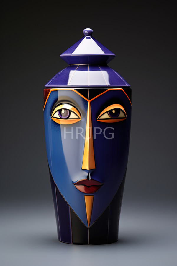 High Resolution: Stylized ceramic jar with a human face is dark blue with a glossy finish featuring an elongated nose yellow eyes and red lips adorned with orange and yellow accents download. | HRJPG.com