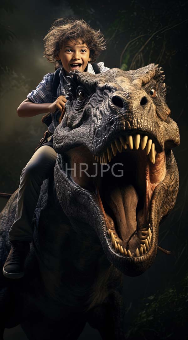 High Resolution: Young boy with messy brown hair riding a large roaring detailed dinosaur with sharp teeth and textured skin against a dark misty forest background download. | HRJPG.com