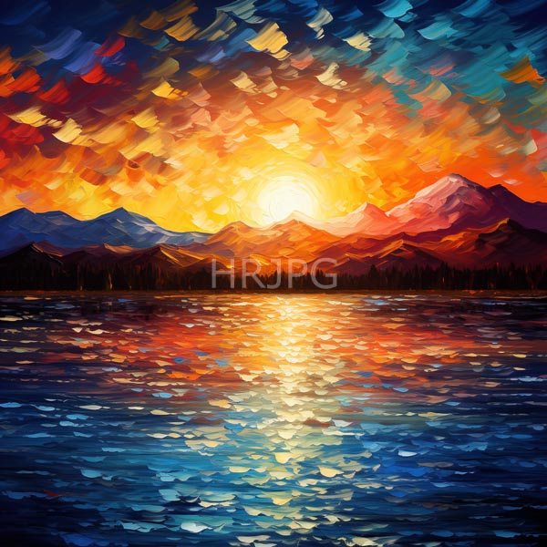 High Resolution: Vibrant sunset over a reflective lake features a mountain range in the background with the sky ablaze in warm oranges reds and yellows download. | HRJPG.com