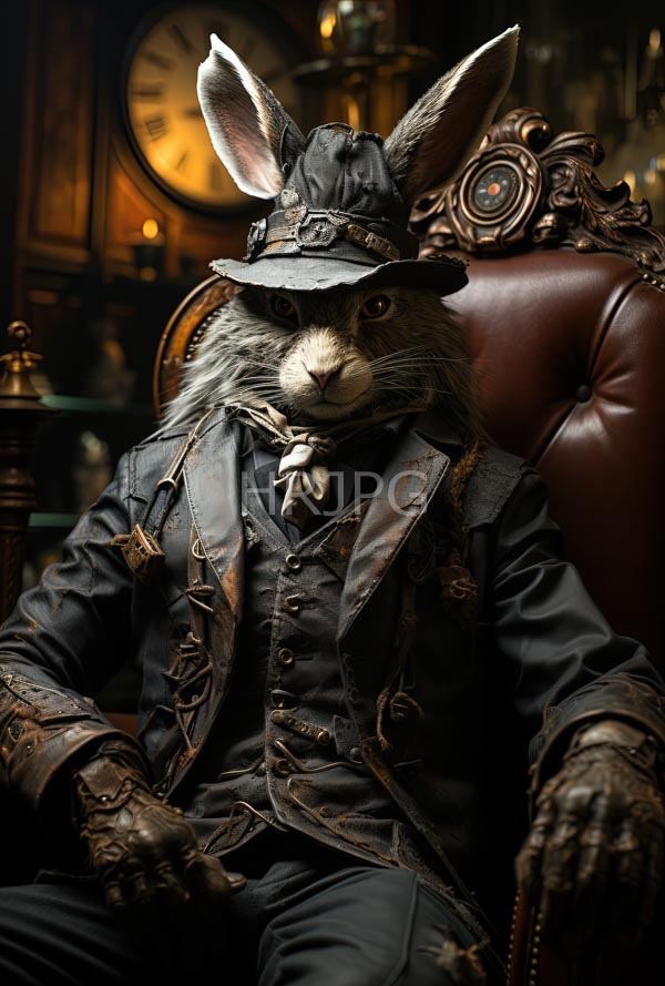 High Resolution: Anthropomorphic rabbit in Victorian attire is seated on a leather chair wearing a detailed dark gray ornate suit a matching hat and brown leather gloves download. | HRJPG.com