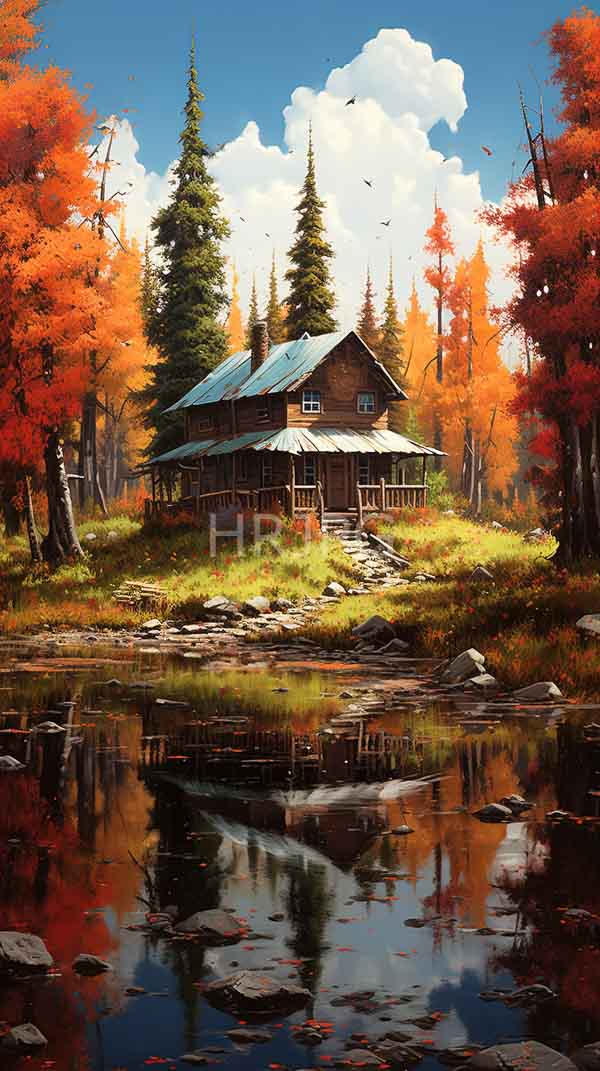 High Resolution: Rustic wooden cabin with a green metal roof is nestled in a vibrant autumn forest surrounded by tall colorful trees and a small reflective pond download. | HRJPG.com