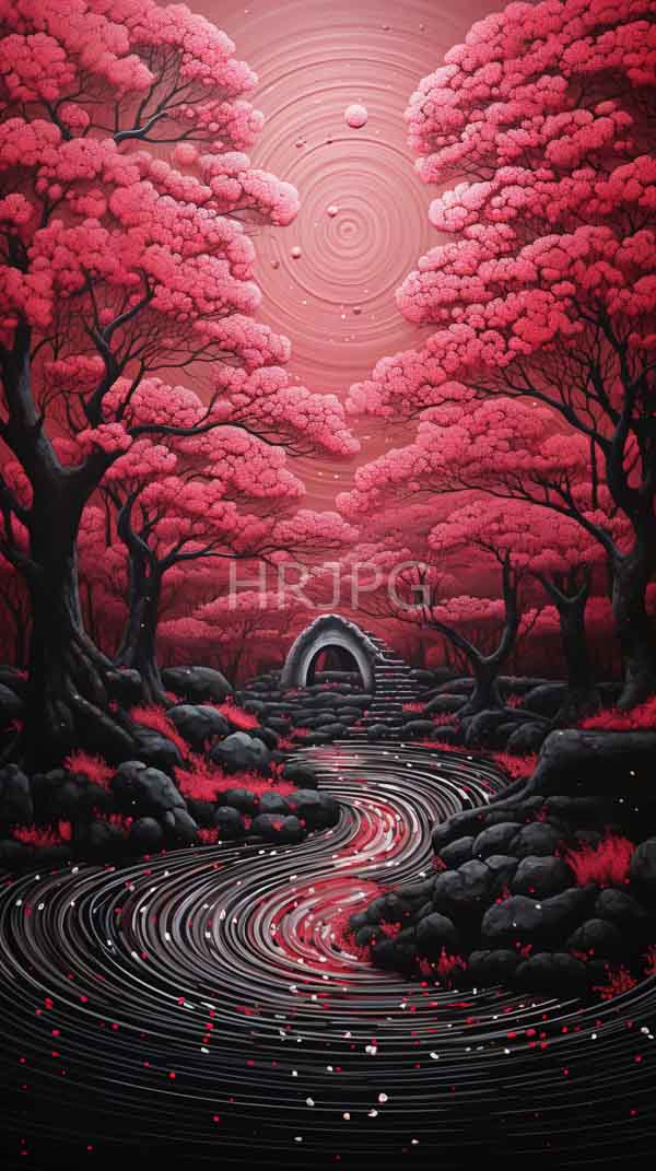 High Resolution: Surreal forest with vibrant pink cherry blossoms dark twisted trees and a winding stream features a stone archway and petals floating in the pink sky download. | HRJPG.com