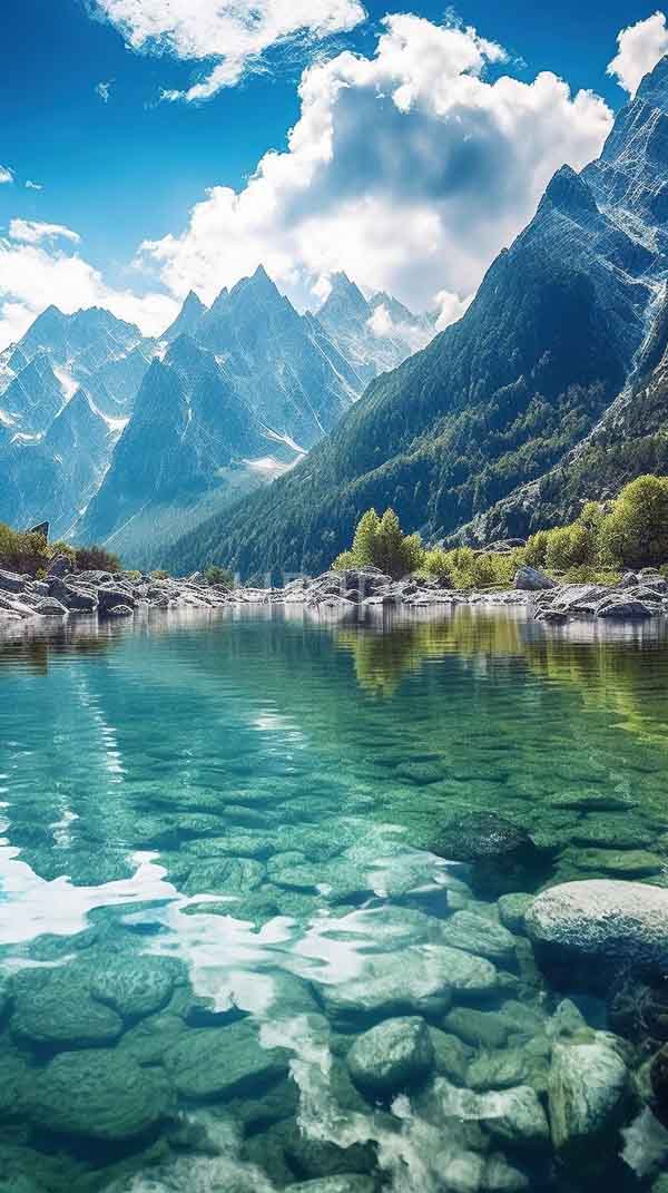 High Resolution: Serene mountain lake with crystal-clear turquoise water reveals smooth rounded rocks at the bottom beneath towering jagged mountains with snow-capped peaks download. | HRJPG.com