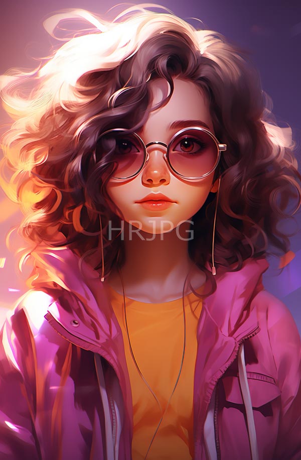 High Resolution: Young woman with curly shoulder-length brown hair wears round pink-tinted glasses a pink jacket over a yellow shirt and long earrings with a serious expression download. | HRJPG.com