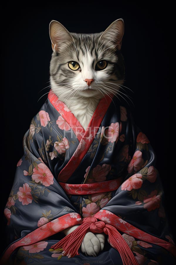 High Resolution: Gray and white tabby cat with yellow eyes wears a dark blue floral kimono with pink and red flowers and a red sash download. | HRJPG.com