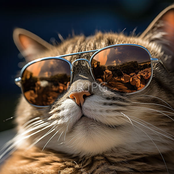 High Resolution: Close-up brown tabby cat with white whiskers and a pink nose wears reflective aviator sunglasses against a blurred background download. | HRJPG.com