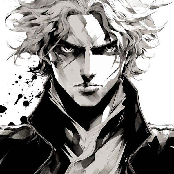 High Resolution: Black-and-white anime-style drawing of a stern muscular young man with wavy tousled hair and intense eyes wearing a high-collared jacket download. | HRJPG.com