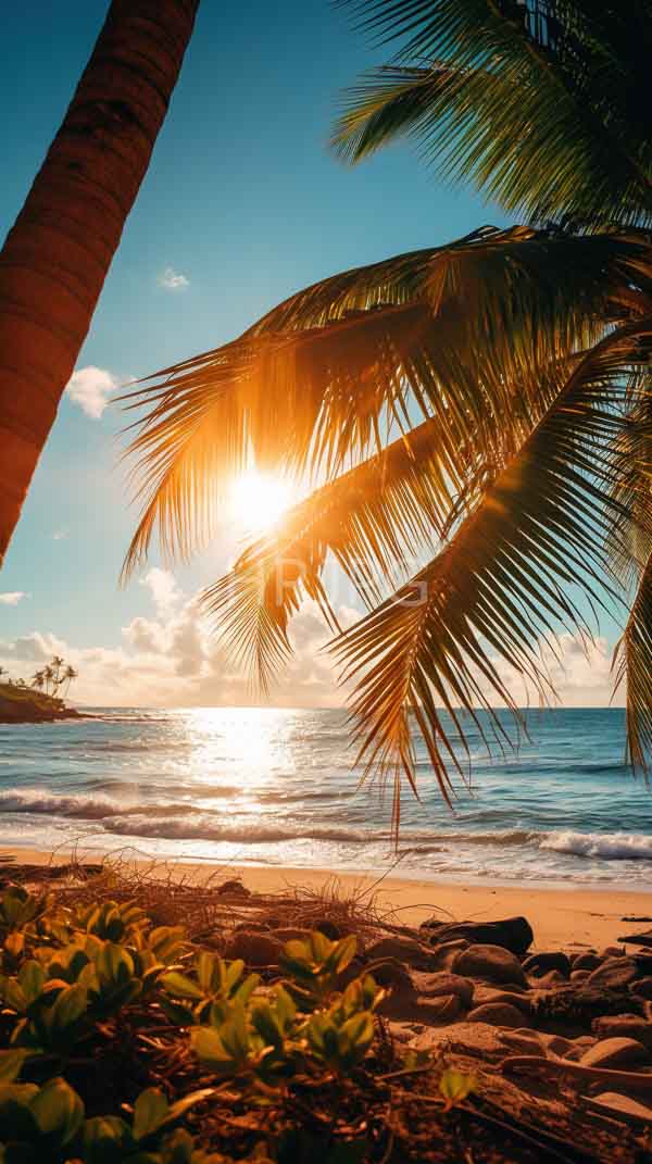 High Resolution: Tropical beach at sunset features sunlight filtering through palm fronds casting a golden light on the sandy shore with gentle waves download. | HRJPG.com