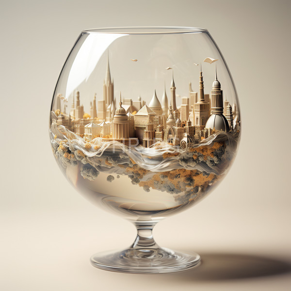 High Resolution: Clear round stemmed glass is filled with a miniature detailed cityscape featuring tall ornate buildings domes and flying birds download. | HRJPG.com