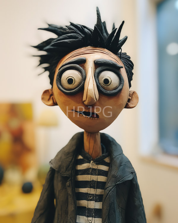 High Resolution: Handmade cartoonish scarecrow-like doll with exaggerated features large bulging eyes spiky black hair and a stitched mouth wears a striped shirt download. | HRJPG.com