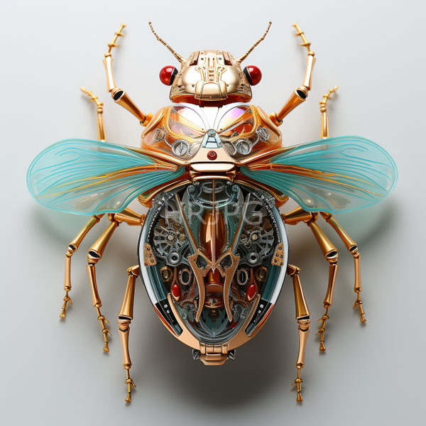 High Resolution: Highly detailed steampunk-style beetle has a metallic gold and copper exoskeleton with intricate gears cogs and red gemstones inside its abdomen download. | HRJPG.com