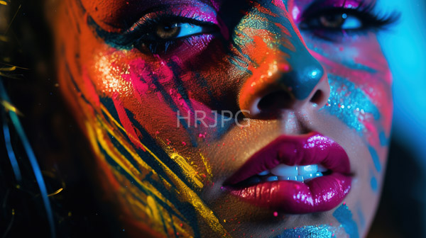 High Resolution: Close-up of a woman's face is adorned with vibrant multicolored paint in shades of red orange blue and yellow with glossy pink lips download. | HRJPG.com
