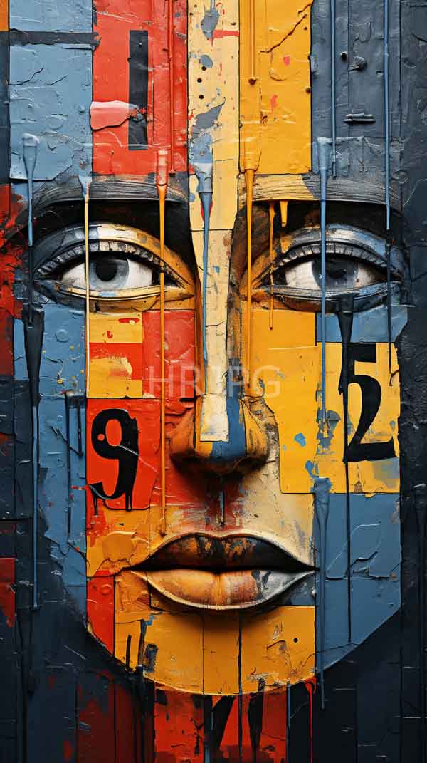 High Resolution: Vibrant abstract mural depicts a face composed of colorful rectangular panels in red yellow blue and gray with black numbers integrated into the design download. | HRJPG.com