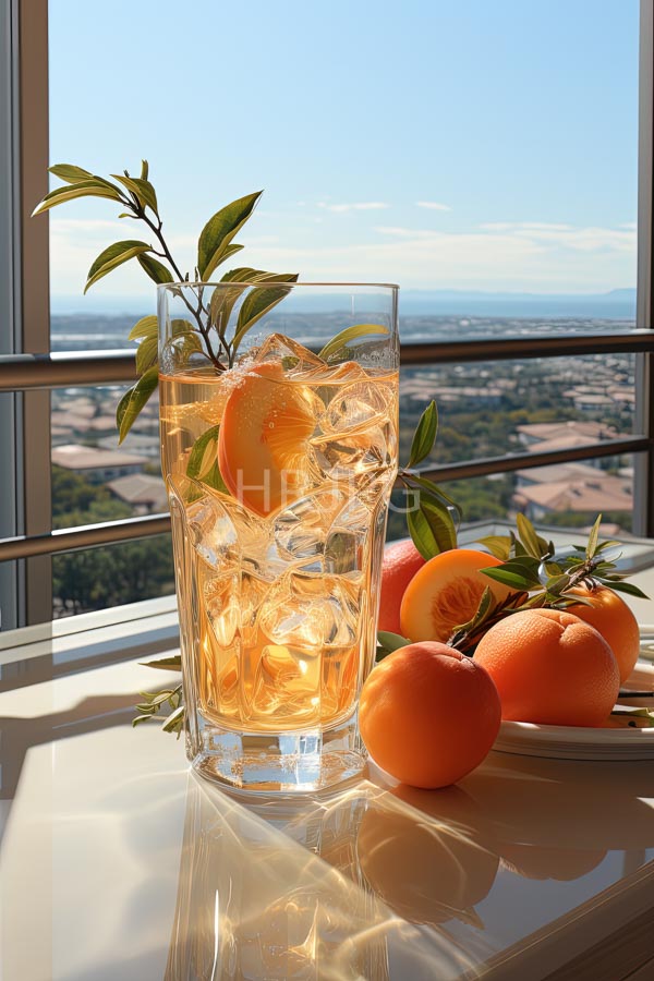 High Resolution: Tall glass filled with orange juice and ice cubes is garnished with a small orange slice on a reflective table with whole and halved oranges download. | HRJPG.com