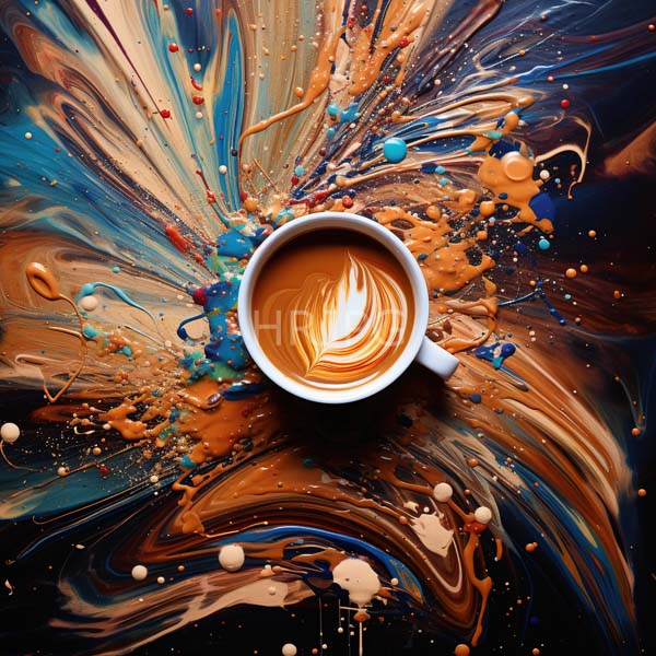 High Resolution: White cup filled with latte featuring a detailed leaf-shaped foam pattern is centered on a vibrant abstract paint-splattered background with swirling fluid-like patterns download. | HRJPG.com