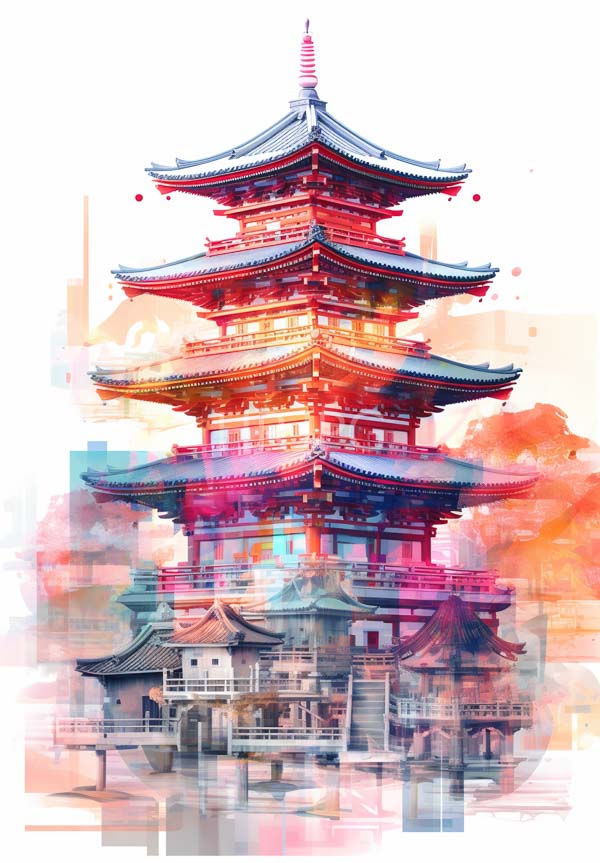High Resolution: Watercolor-style illustration of a traditional Japanese pagoda with multiple tiered curved roofs in red and blue stands tall surrounded by abstract colorful accents download. | HRJPG.com