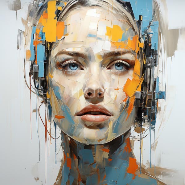 High Resolution: Young woman with light skin blue eyes and full lips has her face composed of fragmented abstract brushstrokes in orange blue and white download. | HRJPG.com