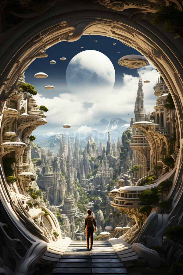 High Resolution: Lone figure stands on a circular stone pathway gazing at a futuristic floating cityscape featuring intricate ancient-style architecture beneath a luminous moon download. | HRJPG.com
