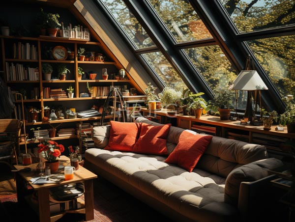 High Resolution: Sunlit cozy living room features a large angled window a beige tufted sofa with red and orange pillows and wooden bookshelves filled with books download. | HRJPG.com