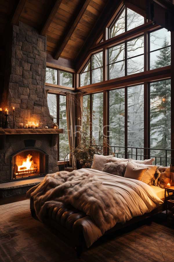 High Resolution: Cozy rustic bedroom features a large stone fireplace lit with candles and tall floor-to-ceiling windows showing a snowy forest view download. | HRJPG.com