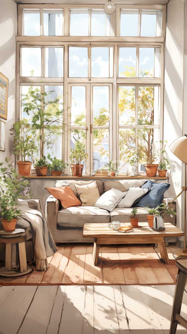 High Resolution: Sunlit cozy living room features large grid-patterned windows a beige sofa adorned with colorful pillows and potted plants lining the windowsill download. | HRJPG.com