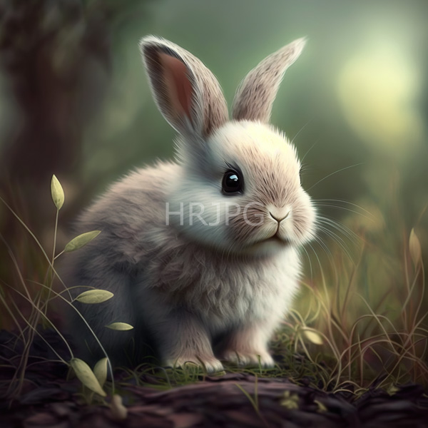 High Resolution: Fluffy light brown and white rabbit with large upright ears stands in a softly lit blurred forest surrounded by slender green leaves and grass download. | HRJPG.com