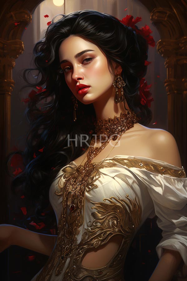 High Resolution: Beautiful dark-haired woman with flowing locks wears an ornate off-shoulder white gown with gold embroidery and red rose petals in her hair download. | HRJPG.com
