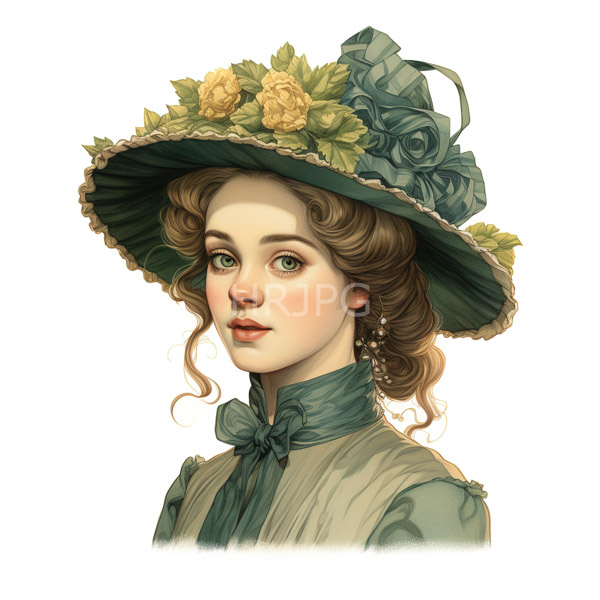 High Resolution: Young woman with fair skin and curly brown hair wears a green Victorian-style dress with a high collar and an elaborate green hat adorned with yellow roses download. | HRJPG.com
