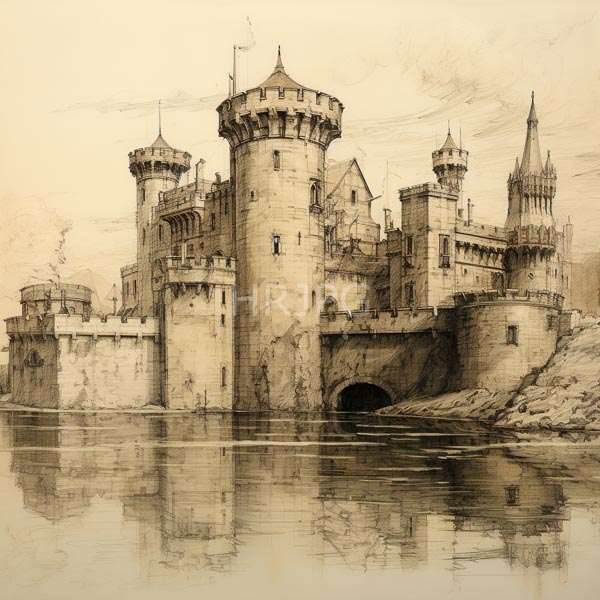 High Resolution: Sepia-toned pencil drawing of a medieval castle with multiple cylindrical towers and crenellated walls is reflected in a calm rippling water body download. | HRJPG.com