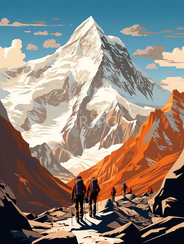 High Resolution: Mountainous landscape features a towering snow-capped peak under a blue sky with five hikers walking along a rocky path in the foreground download. | HRJPG.com