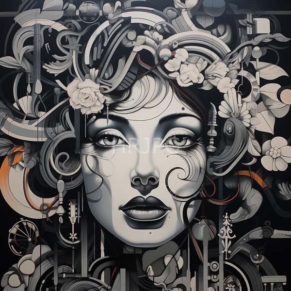 High Resolution: Stylized monochromatic woman's face with intricate mechanical and floral elements has large expressive eyes and her hair adorned with gears and flowers download. | HRJPG.com