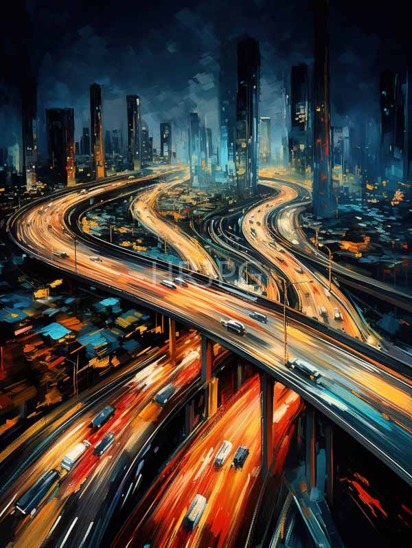 High Resolution: Bustling futuristic cityscape at night showcases a complex network of illuminated highways with light trails from moving vehicles and sleek skyscrapers download. | HRJPG.com