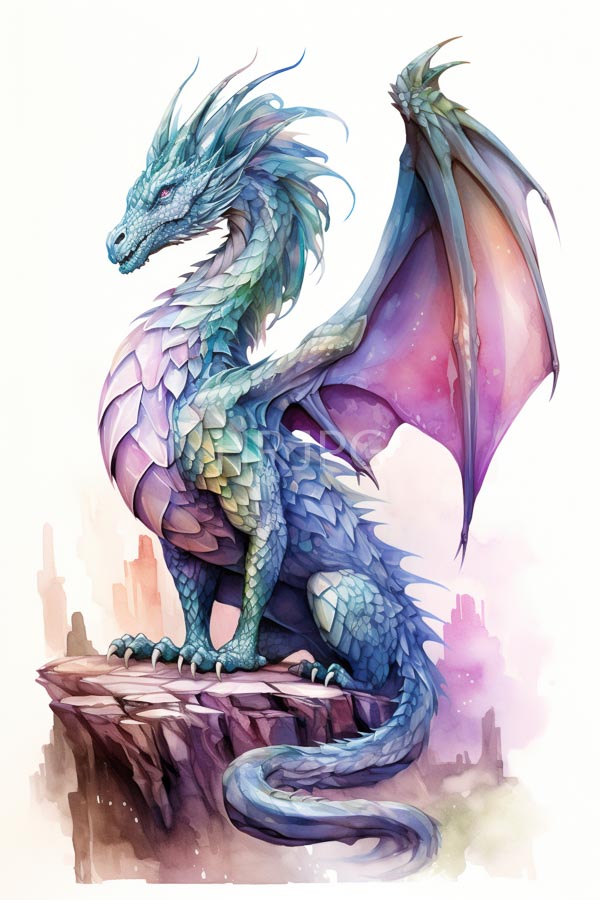 High Resolution: Majestic blue-green dragon with purple and pink wing membranes sits on a rocky cliff with intricate scales and a regal confident posture download. | HRJPG.com