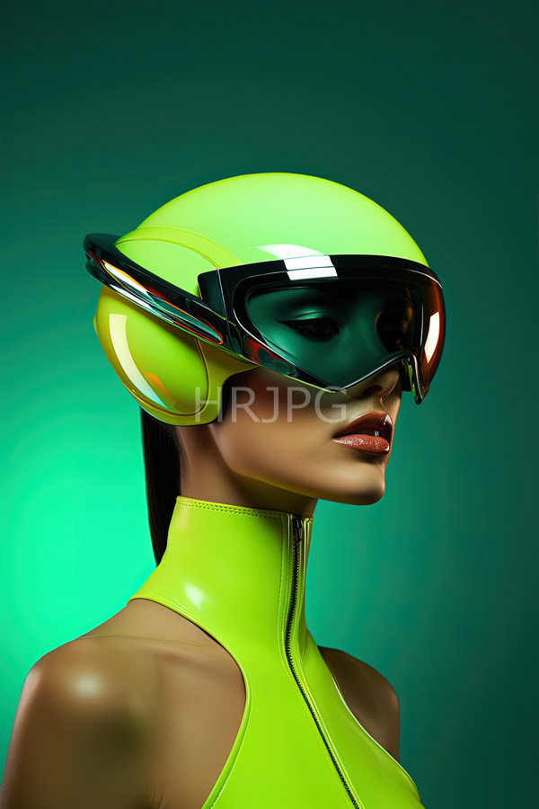 High Resolution: Dark-skinned woman wears a sleek glossy neon green helmet and matching high-neck top with large reflective black goggles and red lipstick download. | HRJPG.com