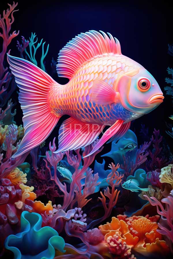 High Resolution: Vibrant neon-colored fish with pink orange and blue scales and flowing ribbon-like fins swims amidst a colorful coral reef in dark blue water download. | HRJPG.com