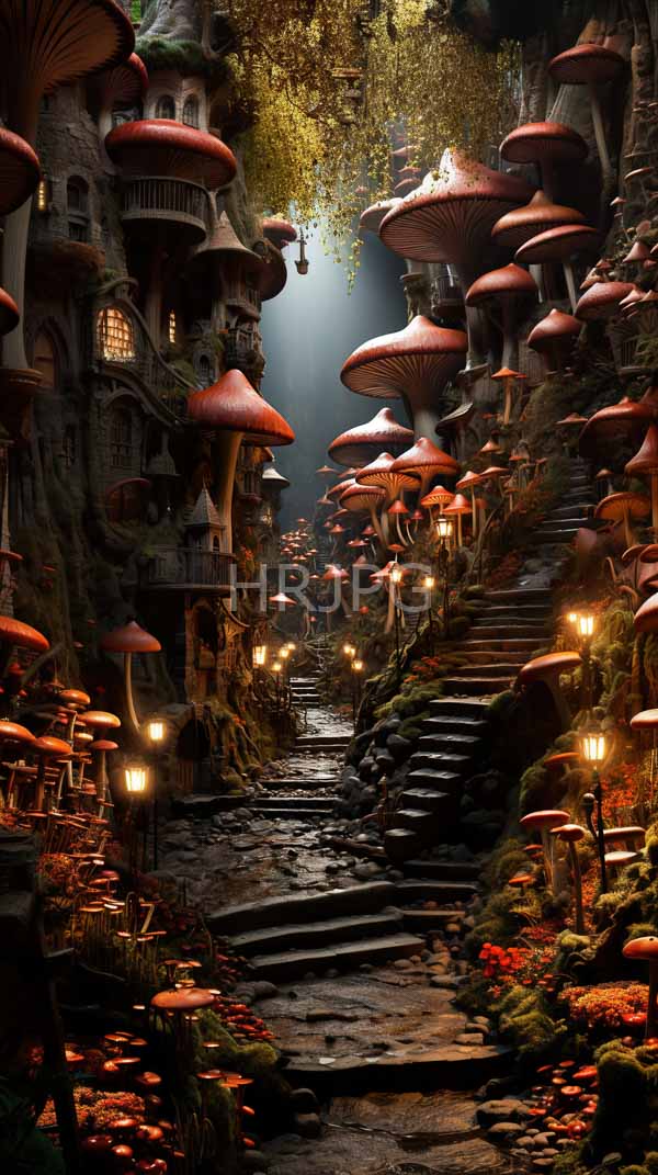 High Resolution: Whimsical fantasy forest scene features towering red-capped mushrooms with large pale undersides lining a narrow stone pathway flanked by moss-covered houses download. | HRJPG.com