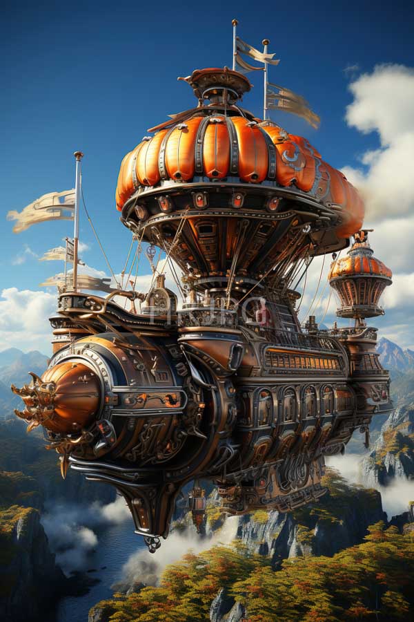 High Resolution: Steampunk airship with a large orange dome-shaped top intricate metallic details and multiple smaller domes hovers above a mountainous forested landscape download. | HRJPG.com
