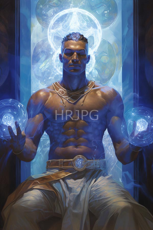 High Resolution: Muscular dark-skinned man with a chiseled physique sits meditating wearing white draped pants and a gold necklace holding glowing blue spherical objects download. | HRJPG.com