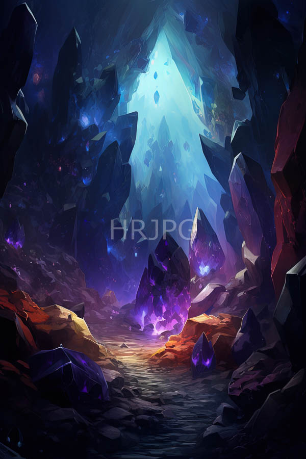 High Resolution: Mystical cavernous scene features jagged glowing crystals in shades of purple blue and red illuminated by a bright ethereal light from the entrance download. | HRJPG.com