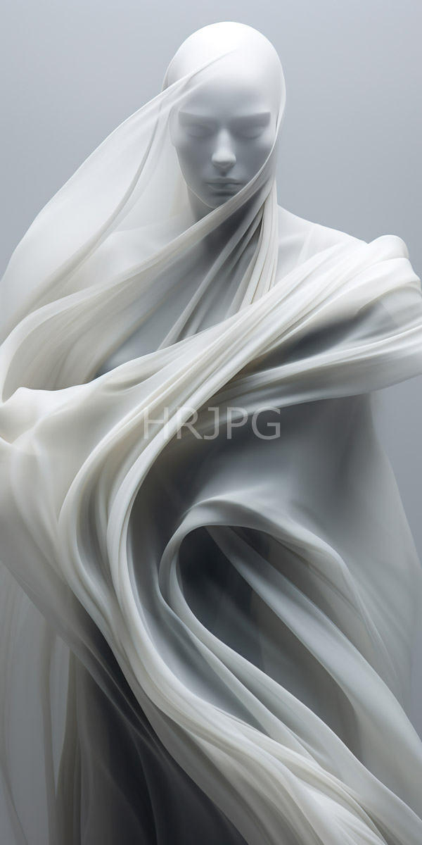 High Resolution: White smooth marble-like statue of a faceless androgynous figure is draped in flowing translucent fabric that swirls gracefully around the form download. | HRJPG.com