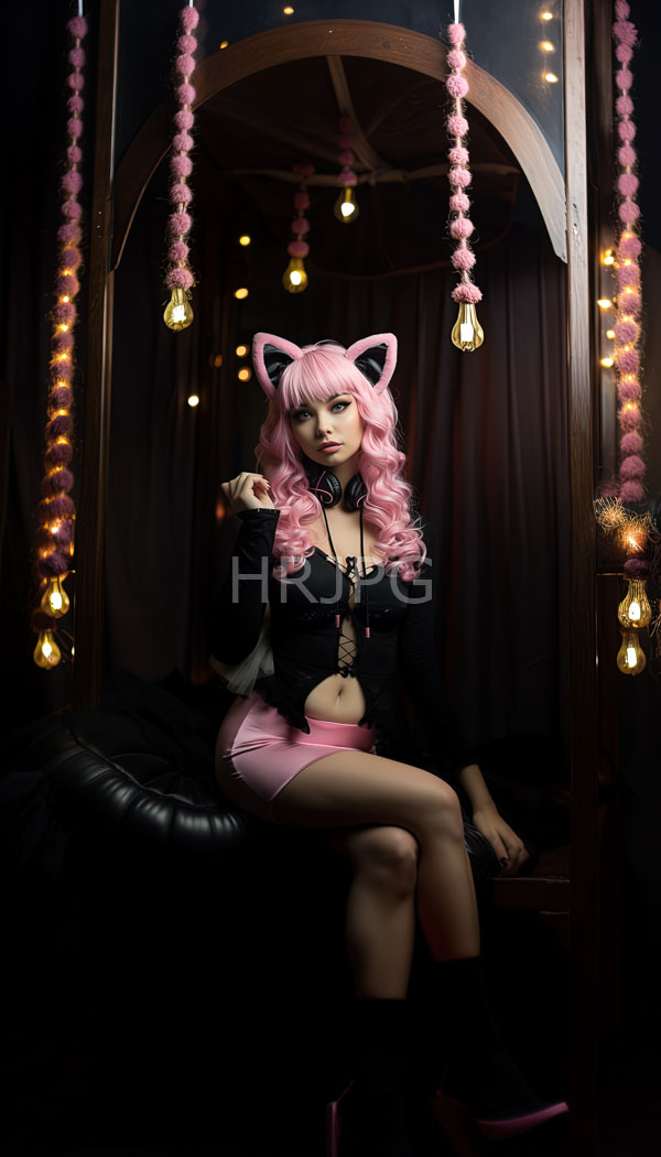 High Resolution: Young woman with pink curly hair wears black cat ears a black lace-up top and pink shorts sitting on a black leather chair in a dimly lit room download. | HRJPG.com