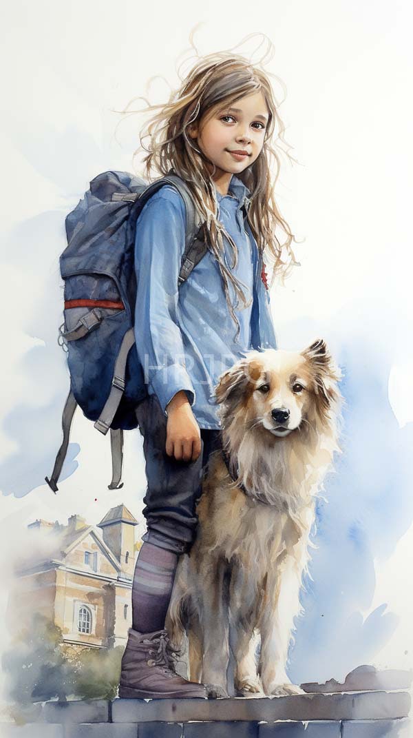 High Resolution: Watercolor painting of a young girl with long wavy brown hair standing beside a fluffy tan and white Border Collie wearing a large blue backpack download. | HRJPG.com