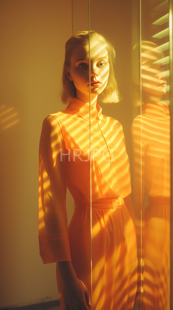 High Resolution: Young blonde woman with a bob haircut wears a bright orange long-sleeved high-waisted dress with a belt with striped shadows casting over her download. | HRJPG.com