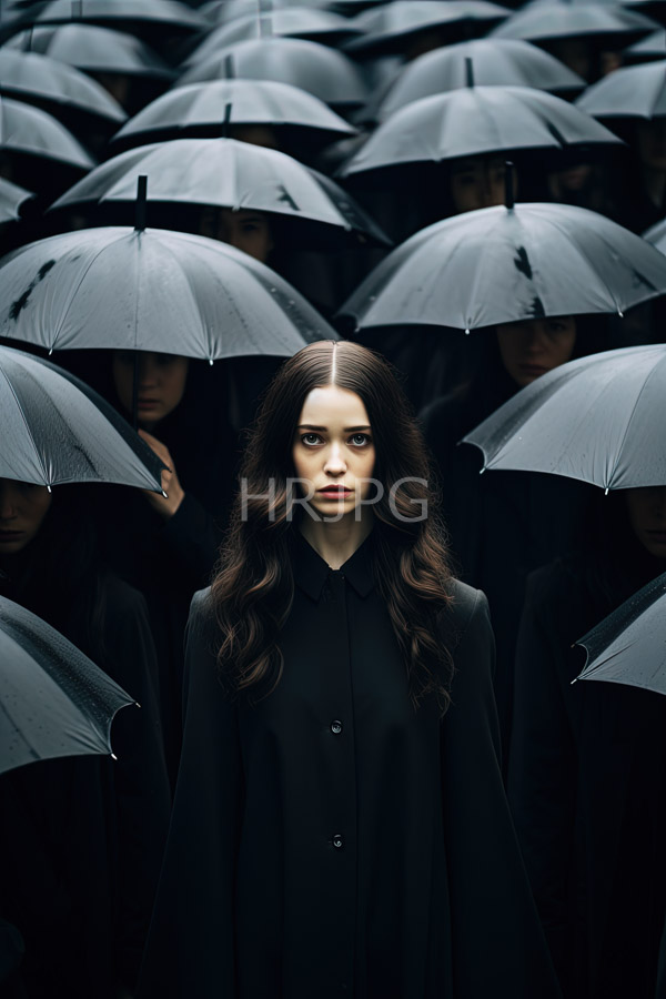 High Resolution: Young woman with long wavy dark brown hair and striking blue eyes wears a black buttoned coat surrounded by numerous people holding black umbrellas download. | HRJPG.com