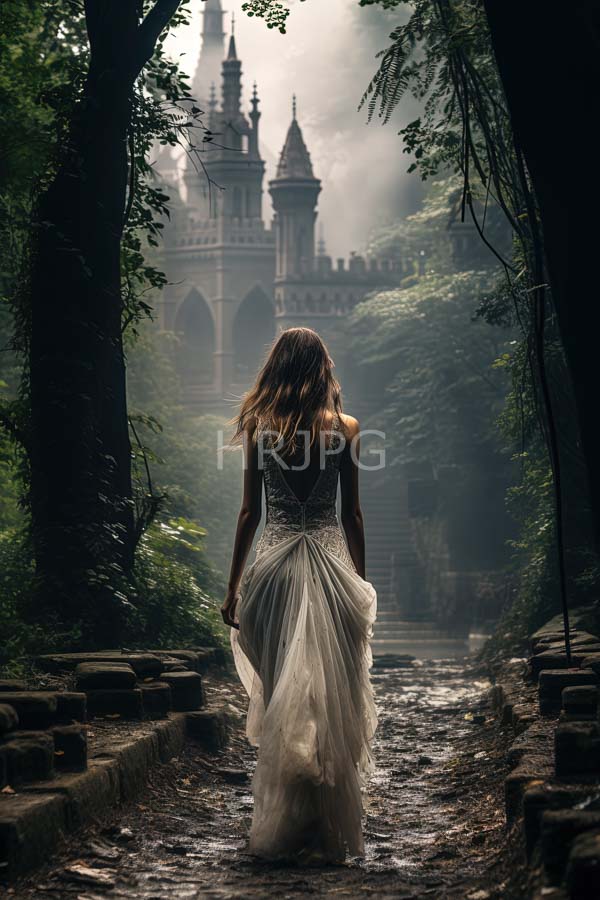 High Resolution: Woman with long wavy brown hair wearing a flowing white backless gown walks away on a mossy stone pathway through a misty forest download. | HRJPG.com